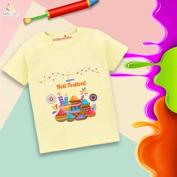 Holi T-shirt for Kids Unisex Holi Topwear Outfit Printed Half Sleeve Tshirt Dress for Boy n Girl"Happy Holi Festivals Watergun"