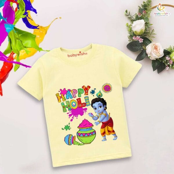 Holi T-shirt for Kids Unisex Holi Topwear Outfit Printed Half Sleeve Tshirt Dress for Boy n Girl"Holi Celebrations with Kanha" - Image 2
