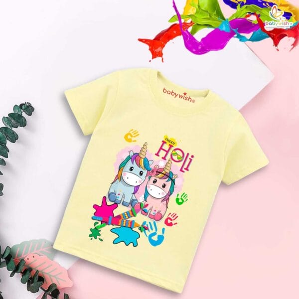 Holi T-shirt for Kids Unisex Holi Topwear Outfit Printed Half Sleeve Tshirt Dress for Boy n Girl"Holi Celebrations with Unicorn" - Image 2