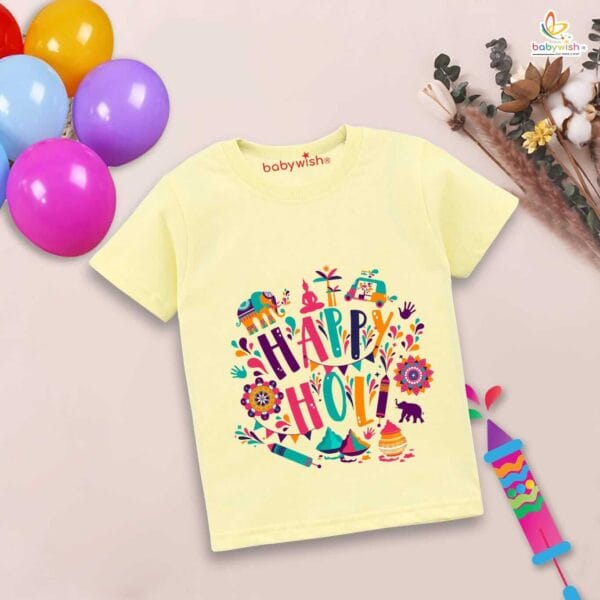 Holi T-shirt for Kids Unisex Holi Topwear Outfit Printed Half Sleeve Tshirt Dress for Boy n Girl"Happy Holi Jungle Print" - Image 2