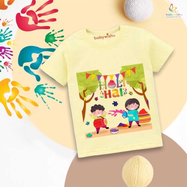 Holi T-shirt for Kids Unisex Holi Topwear Outfit Printed Half Sleeve Tshirt Dress for Boy n Girl"Happy Holi Hai Dosto" - Image 4