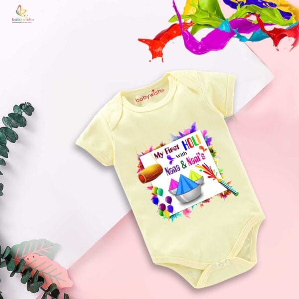 Baby First Holi Romper Clothes Baby holi festival Bodysuits Newborn Outfit Envelop Neck Half Sleeve Unisex Onesies "Holi With Nani & Nana" - Image 3