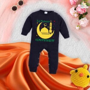 My First Eid Full Body Romper – Baby Bodysuit with “Eid-Ul-Fitr Mubarak” Print | Full-Length Islamic Festival Outfit for Infant Boys & Girls | Baby Eid Clothes 2025 by Babywish