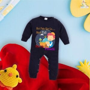 My First Eid Full Body Romper – Baby Bodysuit with “Eidi Kaha Pahuchi?” Print | Funny & Festive Full-Length Eid Outfit for Infant Boys & Girls by Babywish