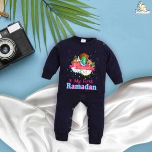 My First Ramadan Full Body Romper – Baby Bodysuit with “First Ramadan Mubarak” Print | Full-Length Eid Outfit for Infant Boys & Girls by Babywish