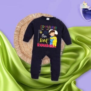 My First Eid Full Body Romper – Baby Bodysuit with “Our First Ramadan Mubarak” Print | Full-Length Islamic Festival Outfit for Infant Boys & Girls by Babywish