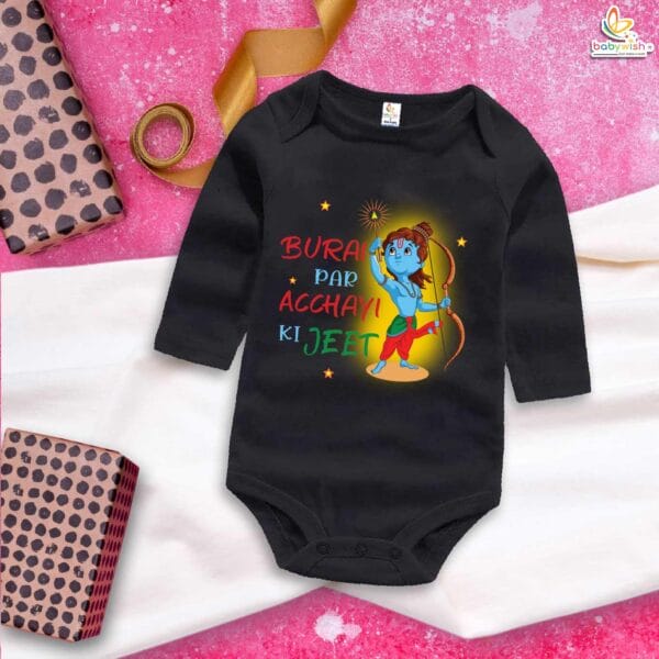 My First Ramnavmi Baby Romper – Full Sleeve Bodysuit “Burai Par Acchayi Ki Jeet” – Traditional Infant Outfit for Ram Navami Festival Celebration – Babywish - Image 4