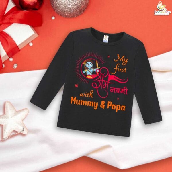 My First Ram Navami Baby T-Shirt – Full Sleeve “My First Ramnavmi with Mummy & Papa” Outfit for Infant Boy or Girl – Traditional Hindu Festival Clothing – Babywish - Image 4