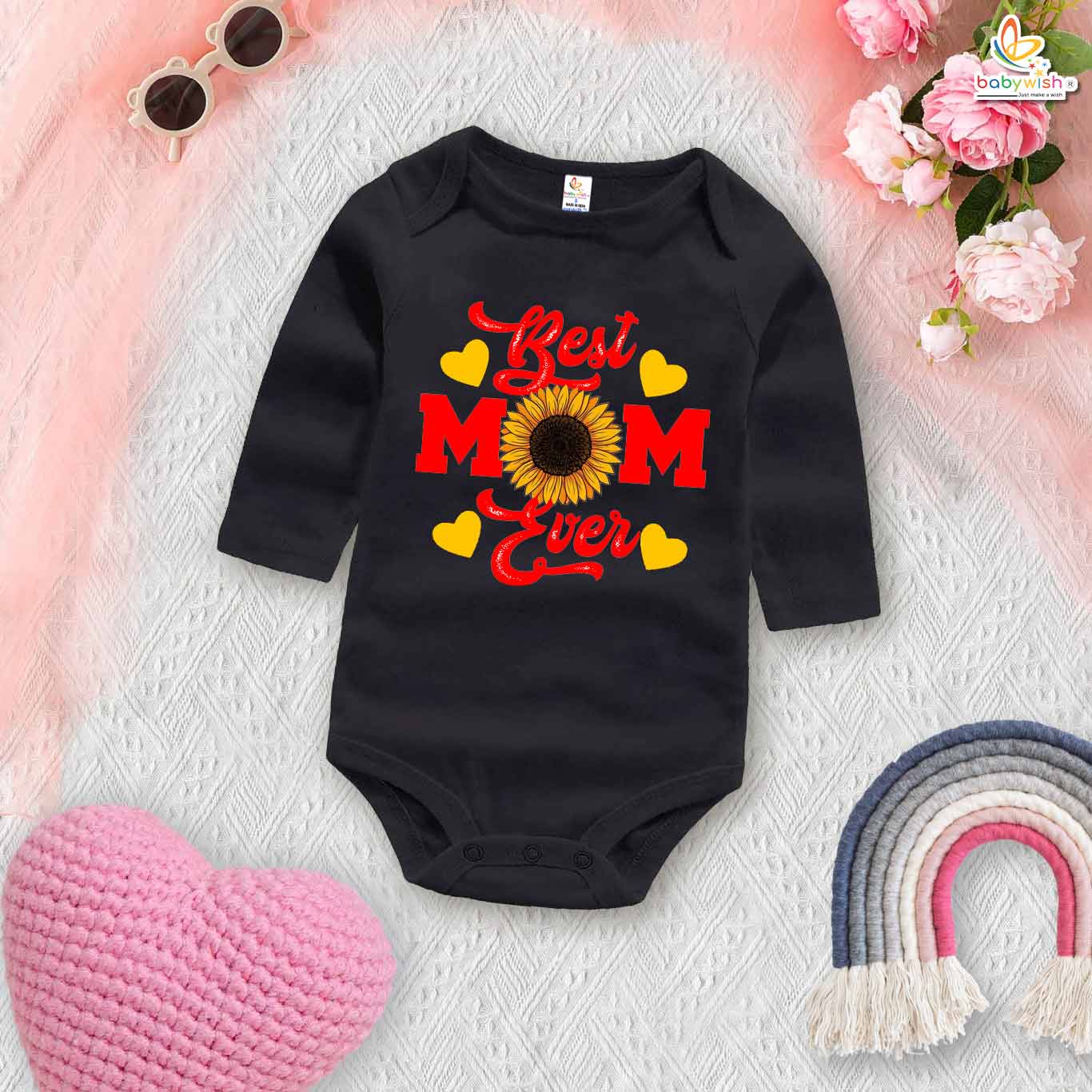 My First Mother’s Day Baby Romper – Full Sleeve Sunflower Print Bodysuit for Newborn Infant Girl or Boy – Cute Mother’s Day Outfit Gift – Babywish