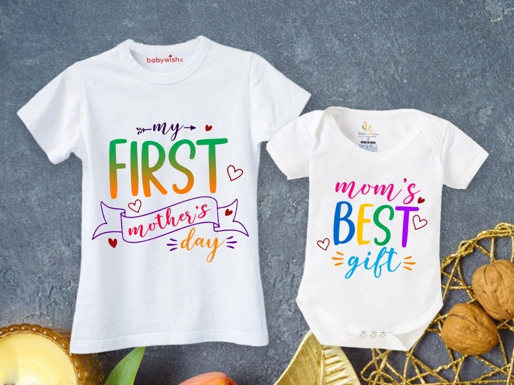 Mothers Day Special Combo White T-Shirts and Romper Sets for Mother and baby Combo Pack of 2