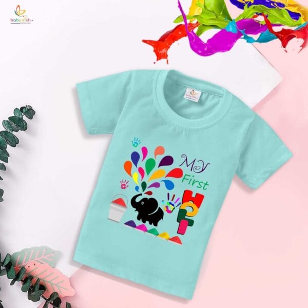 Holi T-shirt for Kids Unisex Holi Topwear Outfit Printed Half Sleeve Tshirt Dress for Boy n Girl "Elephant Print Holi" - Image 2