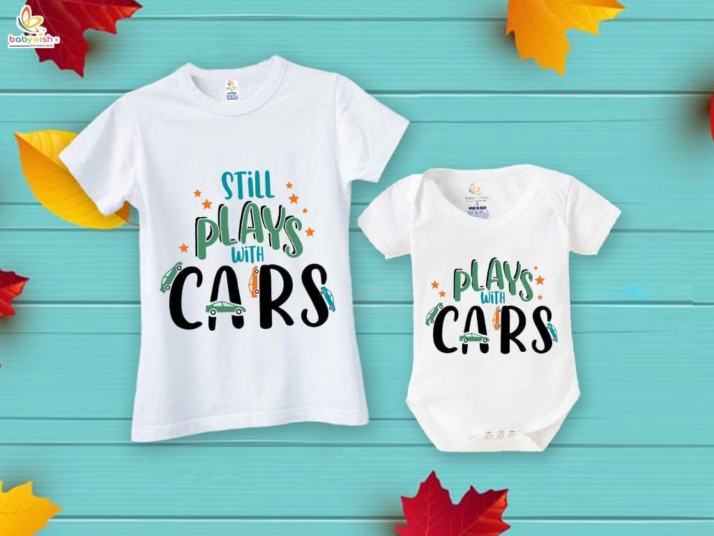 Fathers Day Special Combo White T-Shirts and Romper Sets for Father and baby Combo Pack of 2 | Still Plays With Cars|