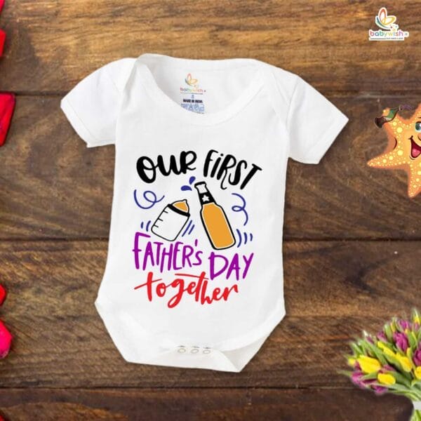 Fathers Day Special Combo White T-Shirts and Romper Sets for Father and baby Combo Pack of 2 | Our First Father's Day Together Bottles Print| - Image 3