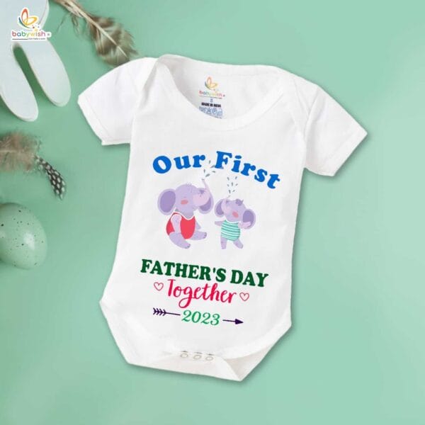 Fathers Day Special Combo White T-Shirts and Romper Sets for Father and baby Combo Pack of 2 | Our First Father's Day Together 2023 Elephant Print | - Image 3