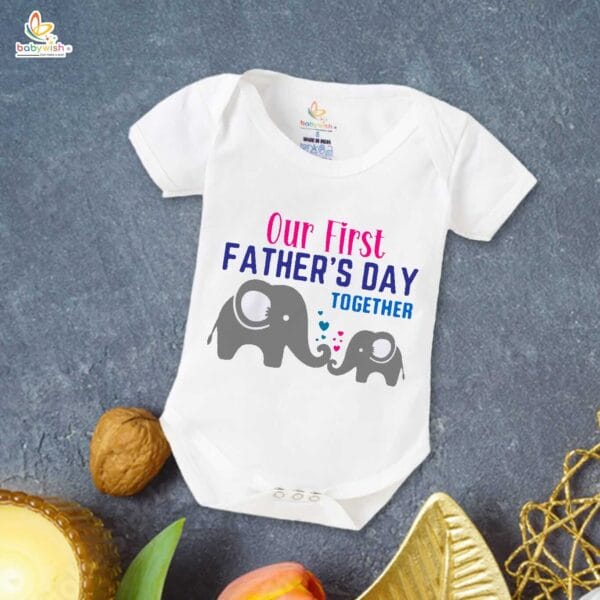 Fathers Day Special Combo White T-Shirts and Romper Sets for Father and baby Combo Pack of 2 | Our First Father's Day Together Elephant  Print| - Image 3
