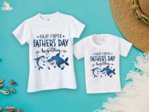 Fathers Day Special Combo White T-Shirts Sets for Father and KId Combo Pack of 2 | Our First Father's Day Together Shark Print|