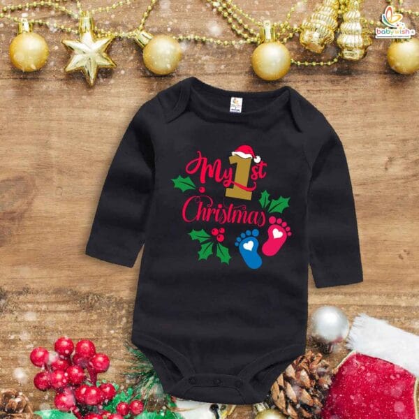 Babywish Christmas Romper Clothes My First Merry Bodysuit Romper My First Christmas Foot Print - Image 3