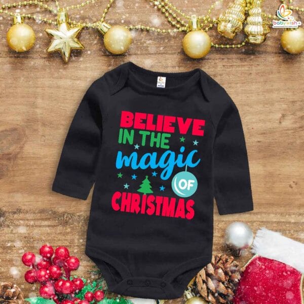 My First Christmas Romper | Believe in the Magic of Christmas Print Bodysuit for Baby Boys & Girls | Festive Holiday Outfit – Babywish - Image 4