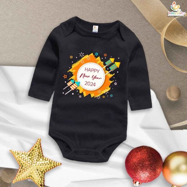 My First New Year Romper | Happy New Year Firecracker Print Full Sleeve Baby Bodysuit | Festive Winter Outfit for Boys & Girls – Babywish - Image 4