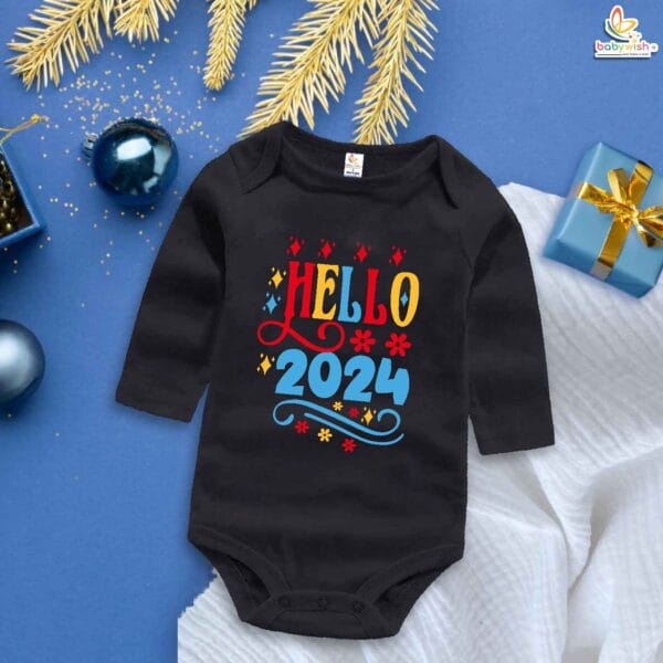My First New Year Romper | Hello Print Full Sleeve Baby Bodysuit | Winter Festive Outfit for Boys & Girls – Babywish - Image 4