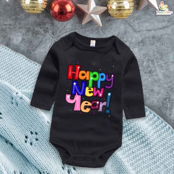 My First New Year Romper | Happy New Year! Print Full Sleeve Baby Bodysuit | Winter Festival Outfit for Baby Boys & Girls – Babywish - Image 4