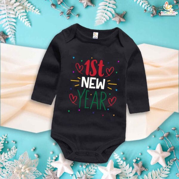 My First New Year Romper | 1st New Year Print Full Sleeve Baby Bodysuit | Winter Festive Outfit for Boys & Girls – Babywish - Image 4