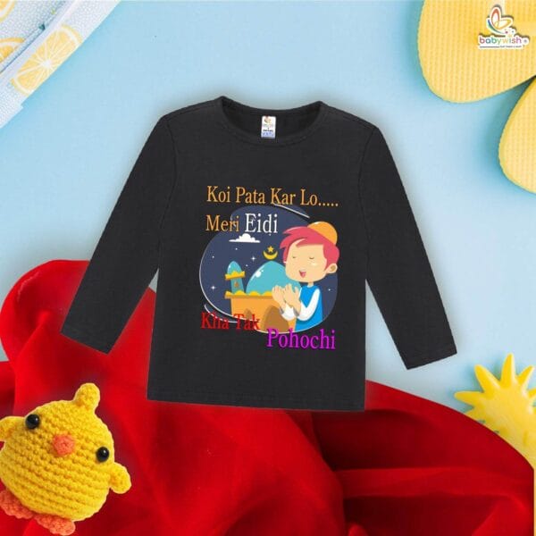 My First Eid Full Sleeve T-Shirt – “Eidi Kaha Pahuchi?” Funny Print | Baby Boys & Girls Eid Outfit 2025 | Cute Islamic Festival Shirt by Babywish - Image 2