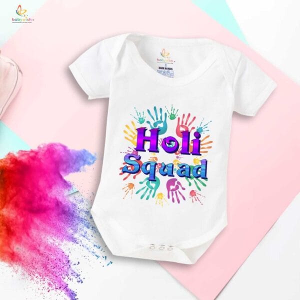 Baby First Holi Romper Clothes Baby holi festival Bodysuits Newborn Outfit Envelop Neck Half Sleeve Unisex Onesies "Holi Wali Squad Print" - Image 5