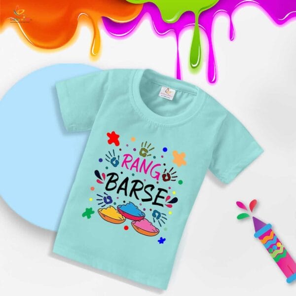 Holi T-shirt for Kids Unisex Holi Topwear Outfit Printed Half Sleeve Tshirt Dress for Boy n Girl "Rang Barse Holi Print"