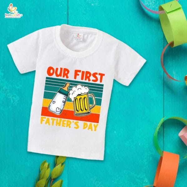 Fathers Day Special Combo White T-Shirts Sets for Father and KId Combo Pack of 2 | Our First Father's Day Milk Bottle & Glass Print| - Image 3