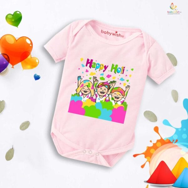 Baby First Holi Romper Clothes Baby holi festival Bodysuits Newborn Outfit Envelop Neck Half Sleeve Unisex Onesies"Happy Holi" - Image 3