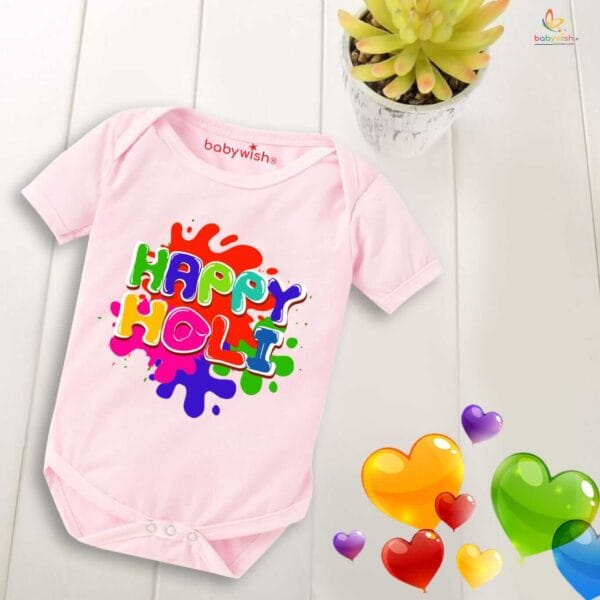 Baby First Holi Romper Clothes Baby holi festival Bodysuits Newborn Outfit Envelop Neck Half Sleeve Unisex Onesies "Colorful Holi" - Image 3
