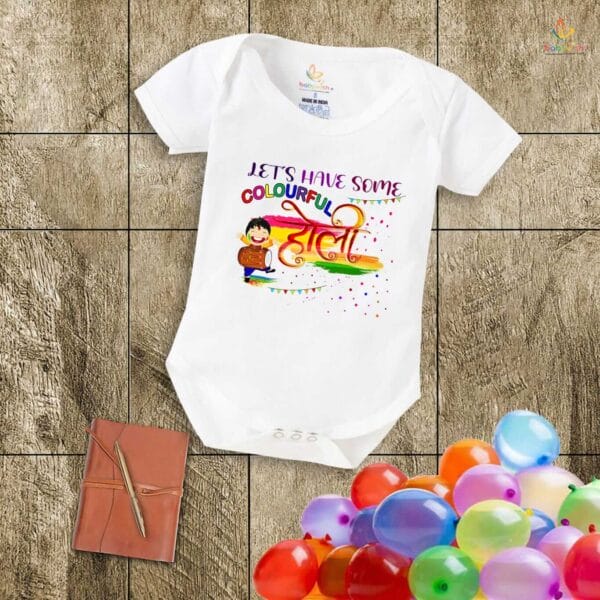 Baby First Holi Romper Clothes Baby holi festival Bodysuits Newborn Outfit Envelop Neck Half Sleeve Unisex Onesies "Let's Have Some Colorful Festival" - Image 5