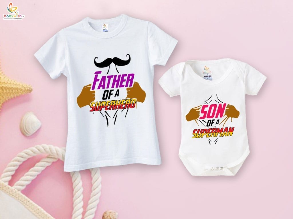 Fathers Day Special Combo White T-Shirts and Romper Sets for Father and baby Combo Pack of 2 | Father of a Superhero & Son of a Superman|