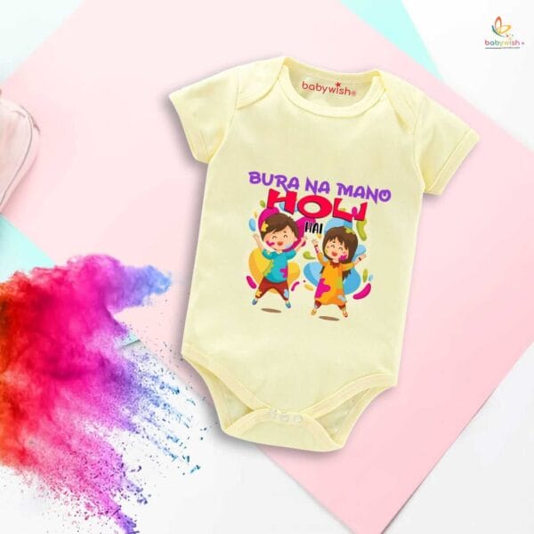 Baby First Holi Romper Clothes Baby holi festival Bodysuits Newborn Outfit Envelop Neck Half Sleeve Unisex Onesies "Bura Na Mano It's Festival" - Image 2