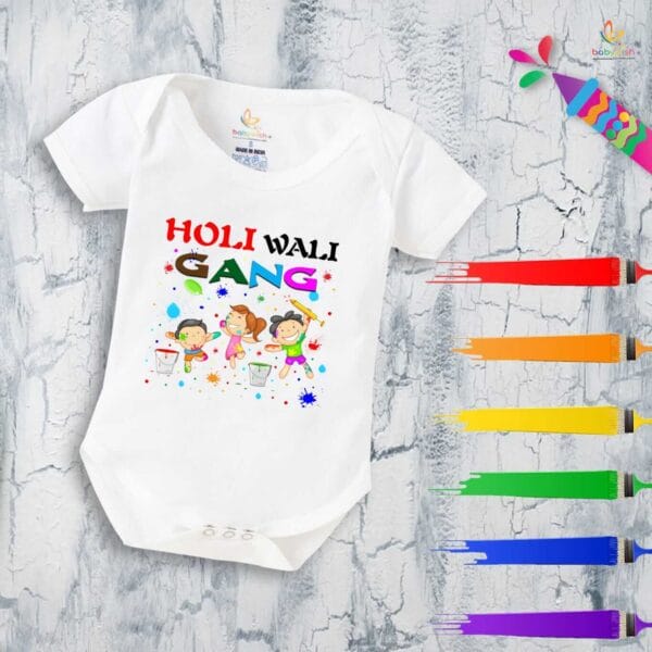 Baby First Holi Romper Clothes Baby holi festival Bodysuits Newborn Outfit Envelop Neck Half Sleeve Unisex Onesies "Holi Wali Gang" - Image 5