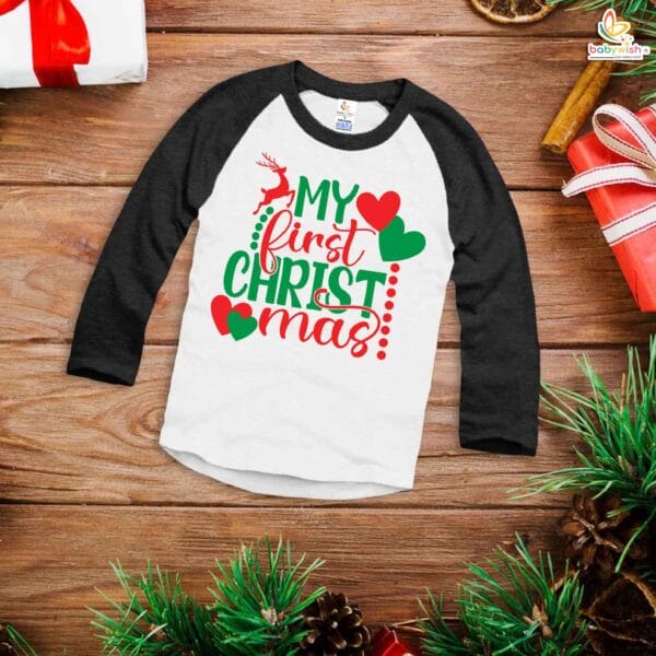 My First Christmas T-Shirt | My First Christmas Heart Print Full Sleeve Baby Tee for Boys & Girls | Cute Holiday Outfit – Babywish - Image 3