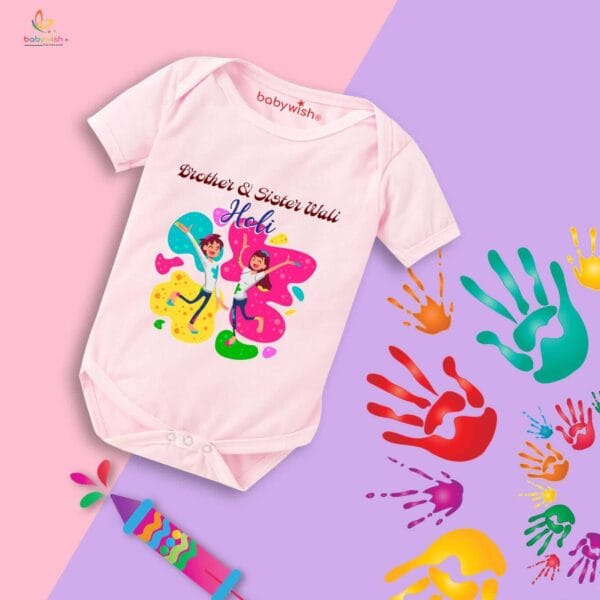 Baby First Holi Romper Clothes Baby holi festival Bodysuits Newborn Outfit Envelop Neck Half Sleeve Unisex Onesies "Brother's & Sister Wali Holi" - Image 3