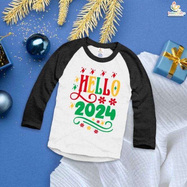 My First New Year T-Shirt | Hello Print Full Sleeve Baby Tee | Winter New Year Outfit for Baby Boys & Girls – Babywish - Image 3