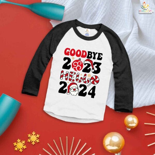 My First New Year T-Shirt | Goodbye 2023 Hello 2024 Hat Print Full Sleeve Baby Tee | Winter Outfit for Boys & Girls – Babywish - Image 3