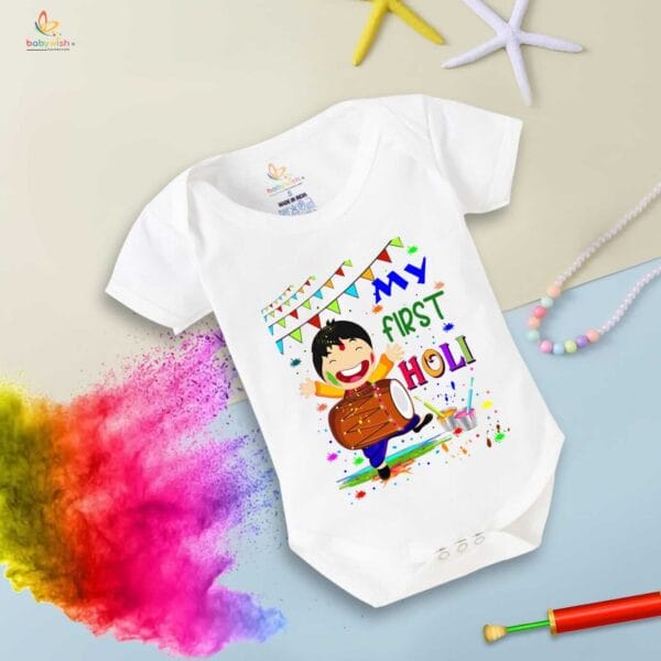 Baby First Holi Romper Clothes Baby holi festival Bodysuits Newborn Outfit Envelop Neck Half Sleeve Unisex Onesies "My First Holi with Music" - Image 5