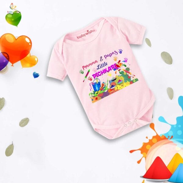 Baby First Holi Romper Clothes Baby holi festival Bodysuits Newborn Outfit Envelop Neck Half Sleeve Unisex Onesies "Mammas & Papas Little Pichkari" - Image 3
