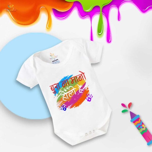 Baby First Holi Romper Clothes Baby holi festival Bodysuits Newborn Outfit Envelop Neck Half Sleeve Unisex Onesies "Bura Na Mano Holi me" - Image 5