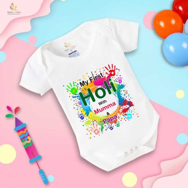 Baby First Holi Romper Clothes Baby holi festival Bodysuits Newborn Outfit Envelop Neck Half Sleeve Unisex Onesies "Holi with mumma" - Image 5