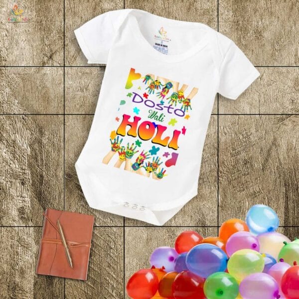 Baby First Holi Romper Clothes Baby holi festival Bodysuits Newborn Outfit Envelop Neck Half Sleeve Unisex Onesies "Friendship Holi Festivals" - Image 5