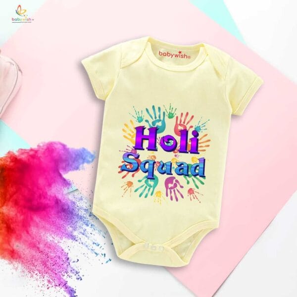 Baby First Holi Romper Clothes Baby holi festival Bodysuits Newborn Outfit Envelop Neck Half Sleeve Unisex Onesies "Holi Wali Squad Print" - Image 3