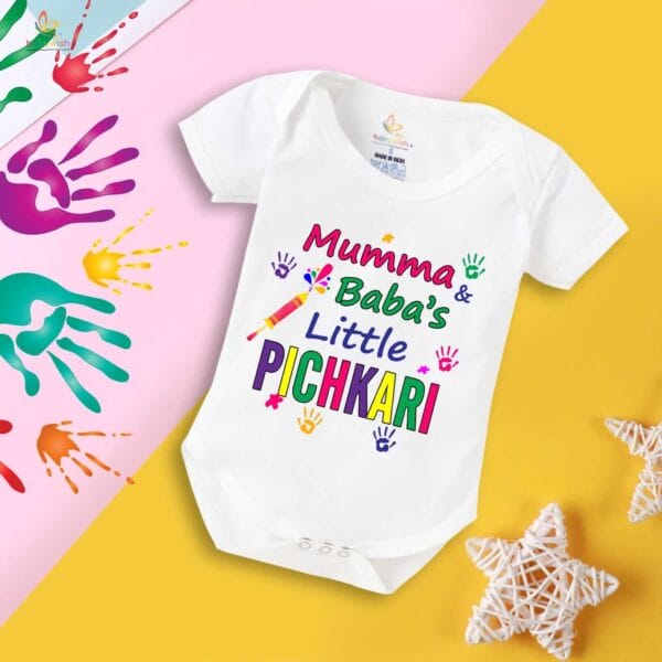 Baby First Holi Romper Clothes Baby holi festival Bodysuits Newborn Outfit Envelop Neck Half Sleeve Unisex Onesies "Baba's Pichkari" - Image 5