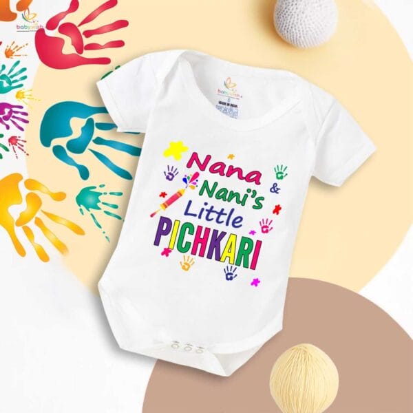 Baby First Holi Romper Clothes Baby holi festival Bodysuits Newborn Outfit Envelop Neck Half Sleeve Unisex Onesies "Nana's Nani Little Pichkari" - Image 5