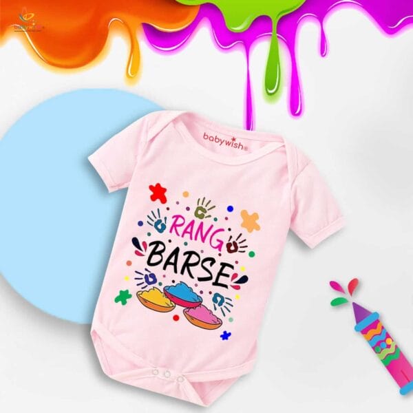 Baby First Holi Romper Clothes Baby holi festival Bodysuits Newborn Outfit Envelop Neck Half Sleeve Unisex Onesies "Rang Barse Holi Print" - Image 3