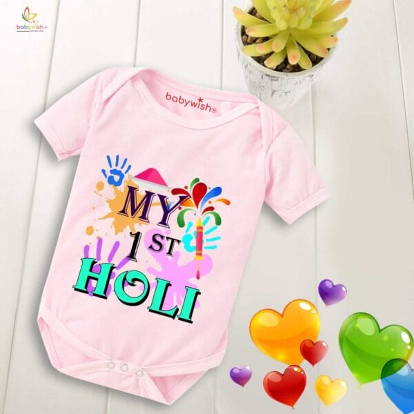 Baby First Holi Romper Clothes Baby holi festival Bodysuits Newborn Outfit Envelop Neck Half Sleeve Unisex Onesies "My 1st Holi Print Color" - Image 3
